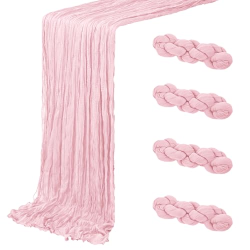 ACSUIT 4 Pack Light Pink Cheesecloth Table Runner 20 x 120 inch Gauze Table Runners 10 FT Long,Semi Sheer Boho Cheese Cloth Fabric Table Runner Bulk for Wedding,Party,Baby Shower,Bridal Shower Decoration - Image 1