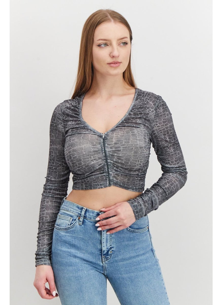 TOPSHOP Women V-neck Long Sleeve Snake Print Crop Top, Grey  - Image 1