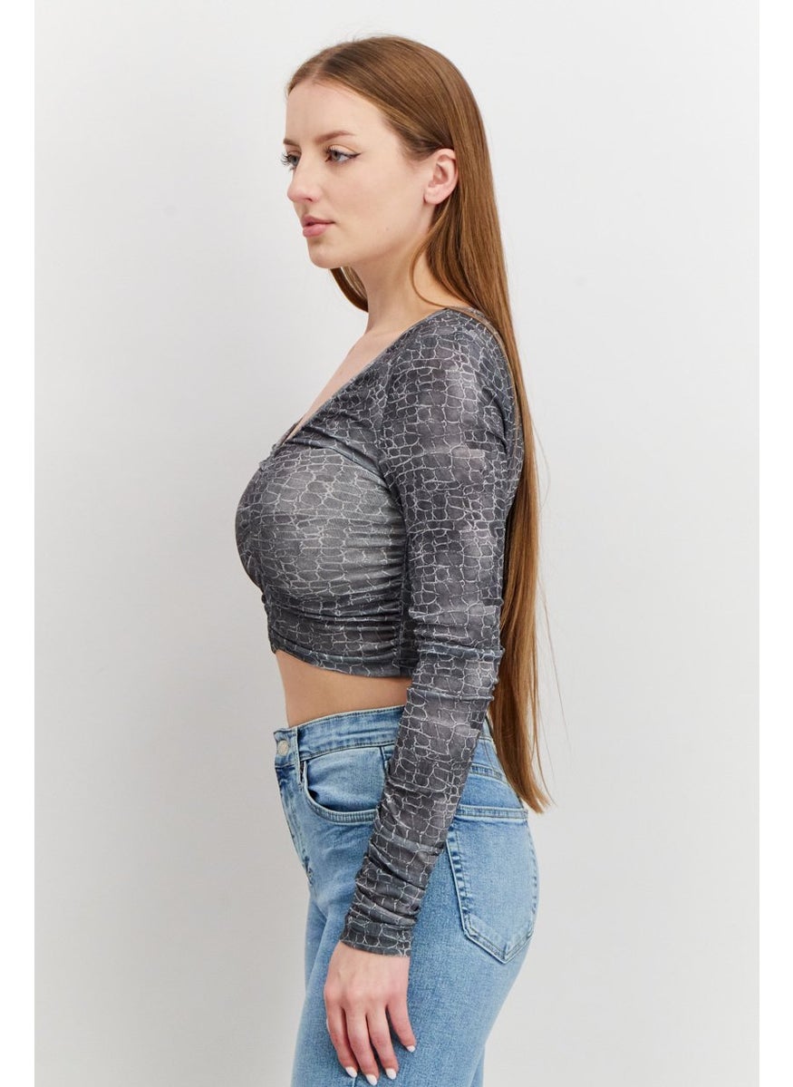 TOPSHOP Women V-neck Long Sleeve Snake Print Crop Top, Grey  - Image 2
