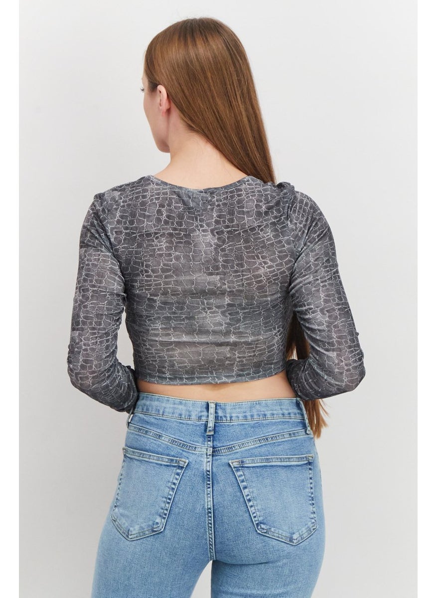 TOPSHOP Women V-neck Long Sleeve Snake Print Crop Top, Grey  - Image 4