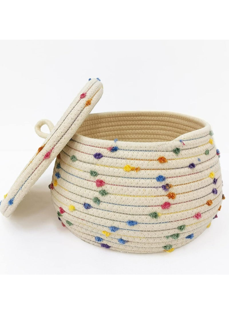 Oasisgalore Small Woven Rope Basket with Lid, 10x6 Round Storage Basket, Colorful Rainbow Pompom, Cute Toy Organizer  - Image 1