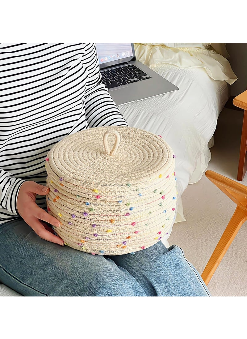 Oasisgalore Small Woven Rope Basket with Lid, 10x6 Round Storage Basket, Colorful Rainbow Pompom, Cute Toy Organizer  - Image 4