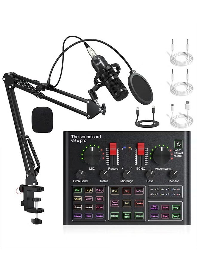XiuWoo Sound Card Microphone Podcast Package,Streaming Audio Mixer with Microphone Stand/Suitable for Live Broadcast/Podcast/Youtube/PC/Smartphone 