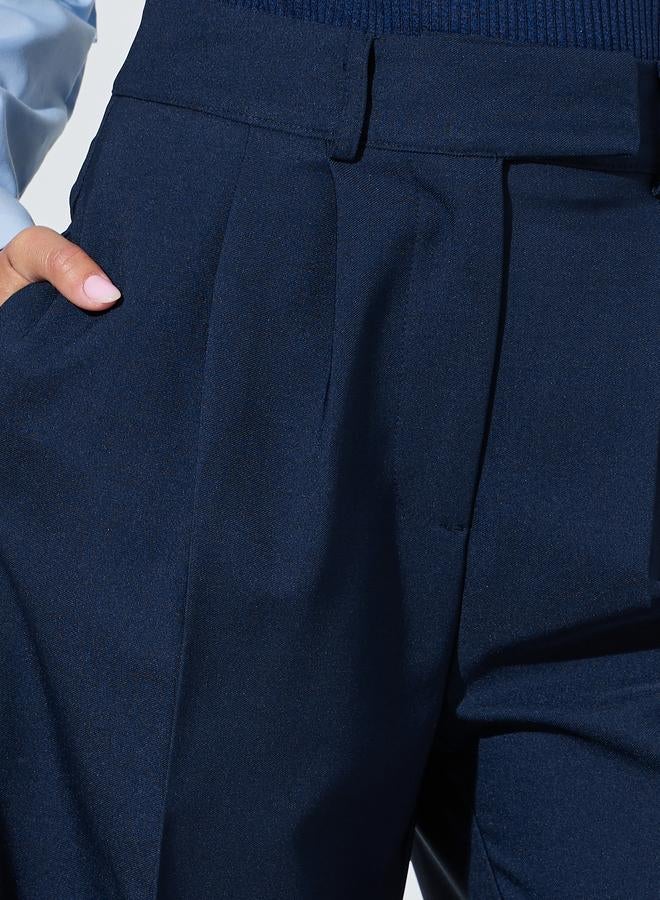 Styli Navy Blue Solid Wide Leg Mid Rise Tailored Pants - Image 3