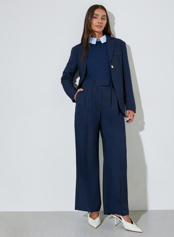 Styli Navy Blue Solid Wide Leg Mid Rise Tailored Pants - Image 2