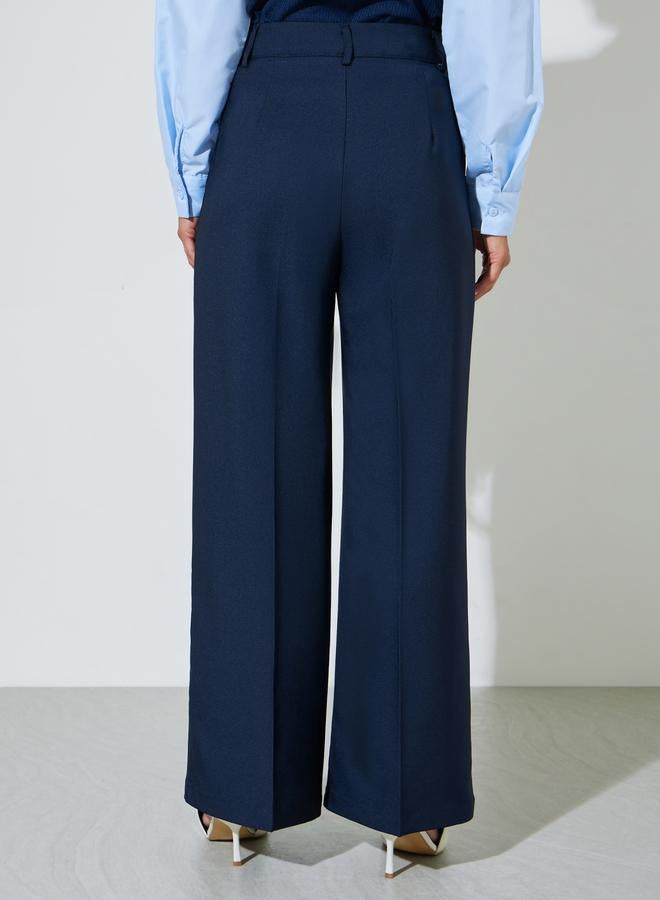 Styli Navy Blue Solid Wide Leg Mid Rise Tailored Pants - Image 4