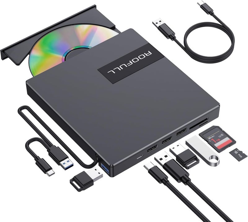 ROOFULL External CD DVD Drive with 4* USB Ports and 2* SD/TF Card Slot for Laptop, USB 3.0 Type-C CD-R/RW/ROM Reader Writer Burner DVD Player Disc Drive for PC Mac Windows 11/10 MacBook Linux Computer - Image 1