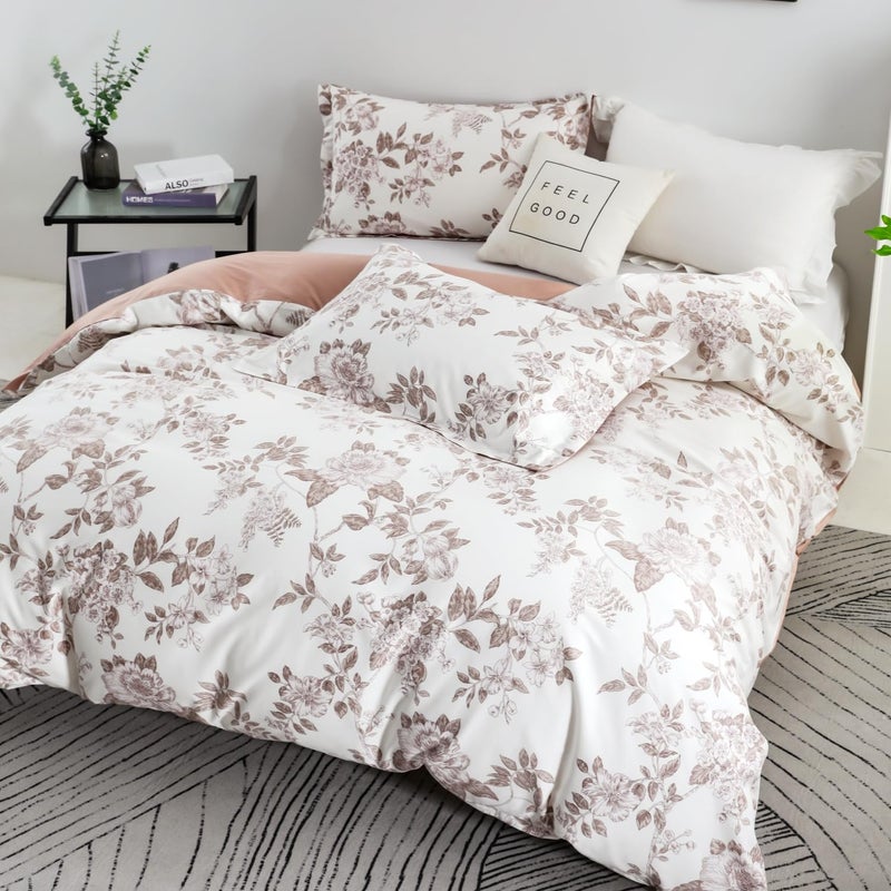 Oaite Davet Cover Set Size Size Floral Pattern 600 Thread Count Ultra Soft 100 ٪ Long Staple Cove Cover Cover Cover 3-PC Treptable Cover مع إغلاق السوستة وروابط الزاوية - Image 2