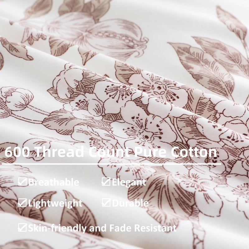 Oaite Davet Cover Set Size Size Floral Pattern 600 Thread Count Ultra Soft 100 ٪ Long Staple Cove Cover Cover Cover 3-PC Treptable Cover مع إغلاق السوستة وروابط الزاوية - Image 4
