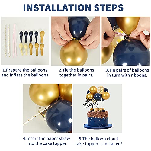 BEISHIDA Happy Birthday Cupcake Toppers - Navy Gold Mini Balloon Cloud Birthday Cake Decorations for Boys Men Party Decorations - Image 3
