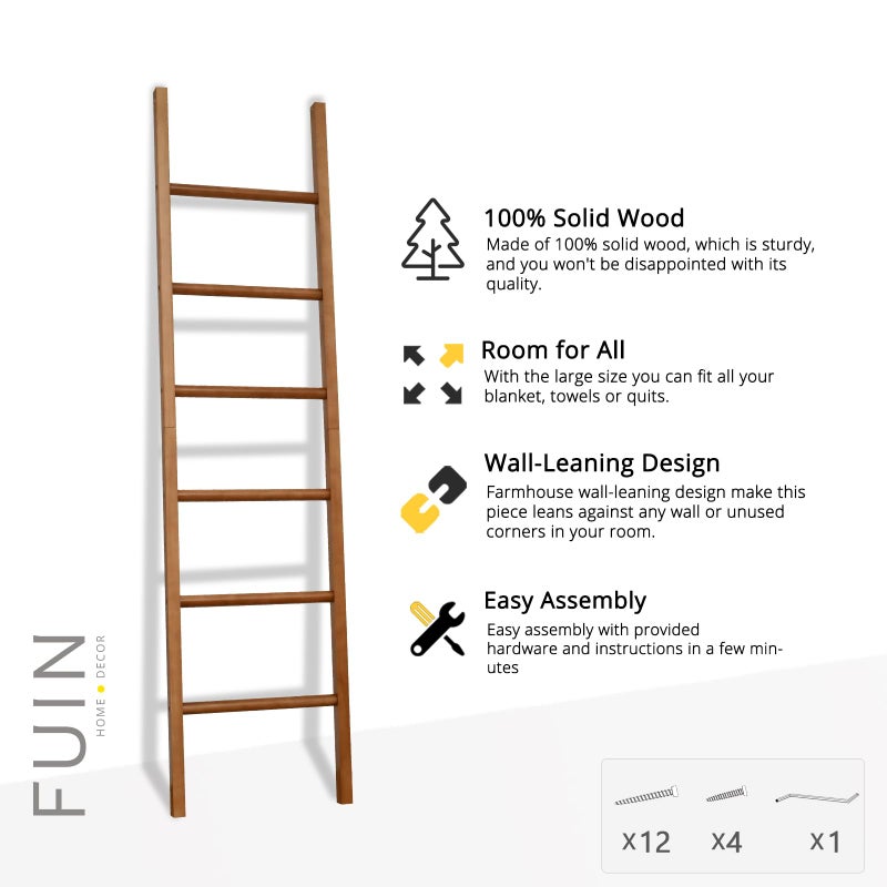 FUIN 6ft Wooden Natural Blanket Ladder Living Room Decorative Wall Leaning Farmhouse Quilt Display Holder Rustic Wood Towel Rack for Bathroom - Image 5