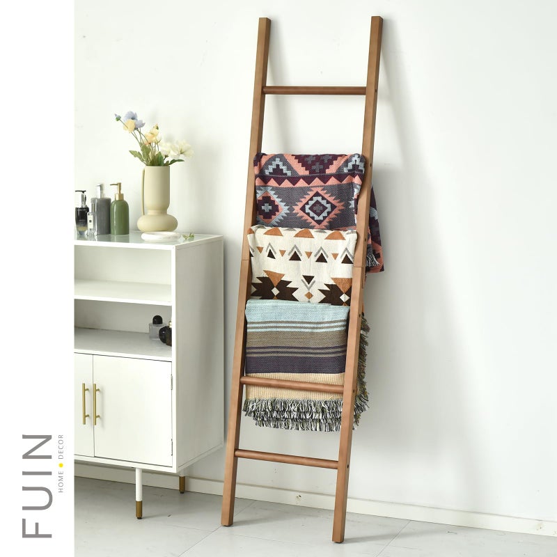 FUIN 6ft Wooden Natural Blanket Ladder Living Room Decorative Wall Leaning Farmhouse Quilt Display Holder Rustic Wood Towel Rack for Bathroom - Image 2