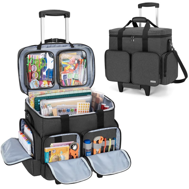 CURMIO Rolling Scrapbook Tote with Padded Laptop Sleeve Wheeled Scrapbook Supplies Storage Bag with Detachable Trolley and Bottom Wooden Board Rolling Craft Bag for Scrapbooking Supplies Black