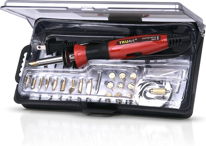 TRUArt Stage 1 Wood Leather Cardboard Paper Pyrography Pen Set w/Jewelry Soldering Point - Best Woodburning Crafts Burner Tool Kit - Comes with 35 Tips, Dual Power Mode - 30W-15W, Gourd - Image 1