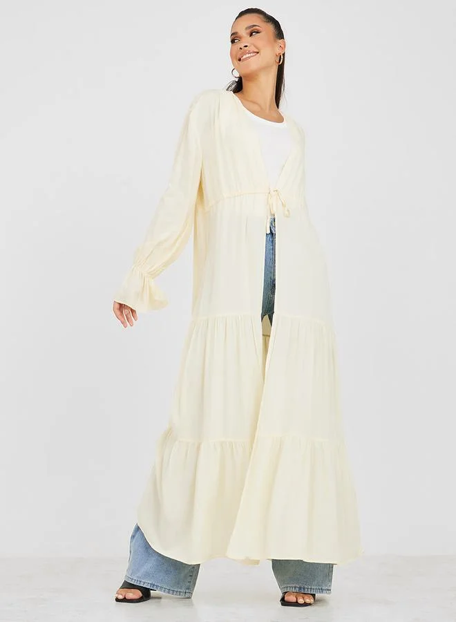 Styli Textured Tiered Maxi Length Kimono with Self Tie