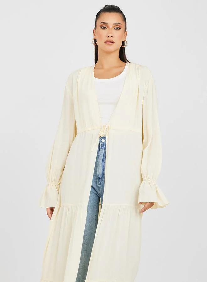 Styli Textured Tiered Maxi Length Kimono with Self Tie