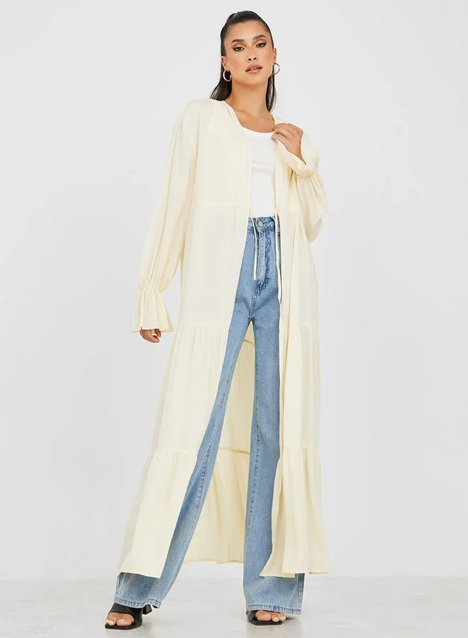 Styli Textured Tiered Maxi Length Kimono with Self Tie