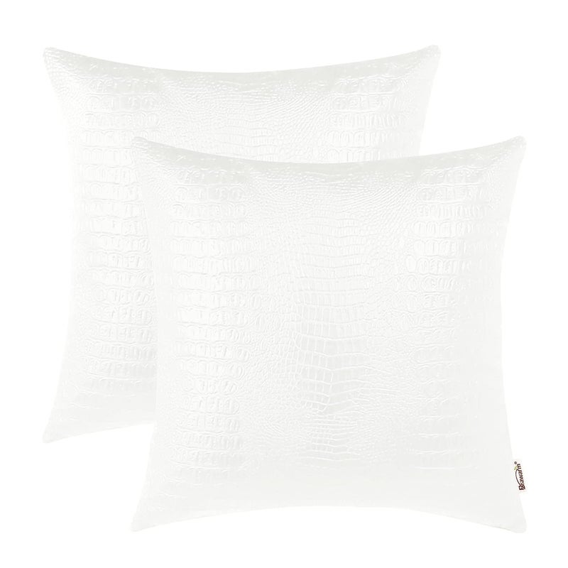 BRAWARM Faux Leather Pillow Covers 18 X 18 Inches White Leather Pillow Covers Pack of 2 Crocodile Leather Decorative Throw Pillows for Living Room Couch Bed Sofa Home