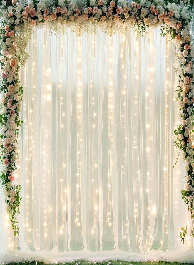 Suppromo 10ft x 10ft Ivory Tulle Photo Backdrop Curtain with Lights String for Parties Wedding Sheer Ivory Curtain Backdrop for Birthday Party Bridal Shower Photo Booth Photography Background Decorations - Image 1