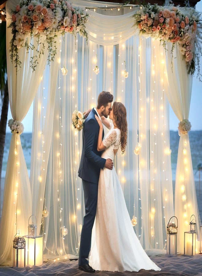 Suppromo 10ft x 10ft Ivory Tulle Photo Backdrop Curtain with Lights String for Parties Wedding Sheer Ivory Curtain Backdrop for Birthday Party Bridal Shower Photo Booth Photography Background Decorations - Image 2