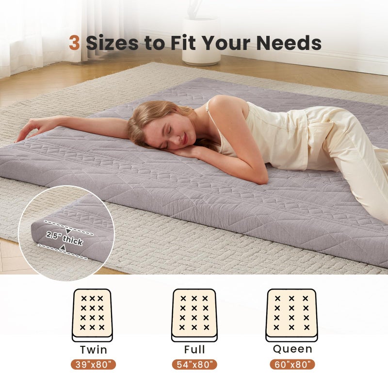 Mollydot Japanese Floor Mattress Futon Mattress, 100% Cotton Washable Cover, Roll Up 2.5" Thick Tatami Mat, Portable & Foldable Floor Bed Mattress for Sleeping, Guest Room, Dormitory (Full, Grey) - Image 5