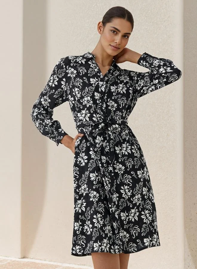 Splash FAV Knee Length Shirt Belted Dress with Floral Print