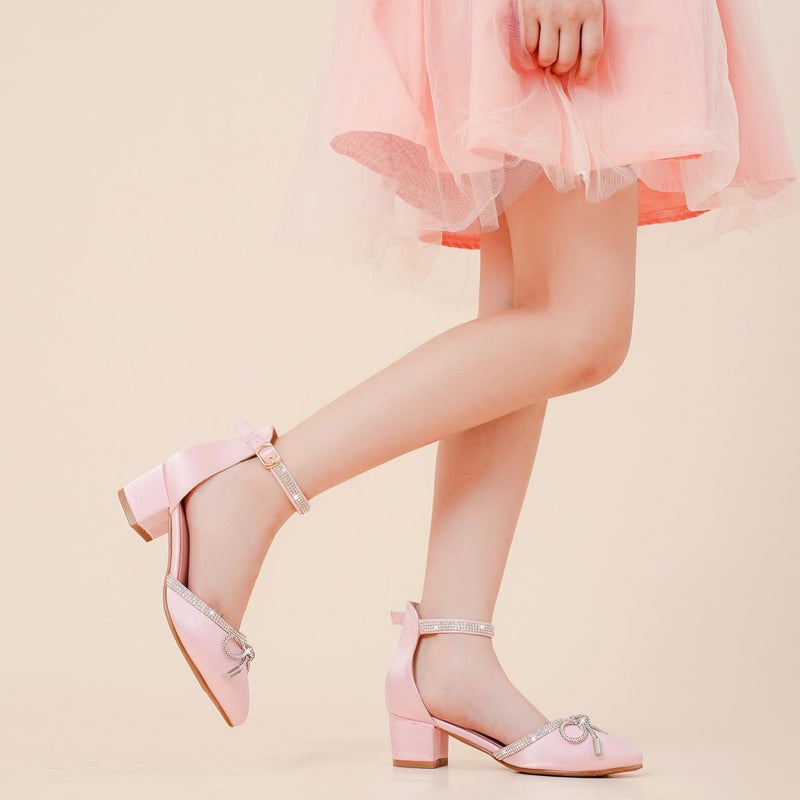 LAURMOSA Girls High Heels Pink Formal Closed Toe Dress Shoes for Big Girls Fancy Dress Up Heels Flower Girl Wedding Party Dance Shoes Size 3 Kids Heeled Shoes(L1019SaPink 3) - Image 3
