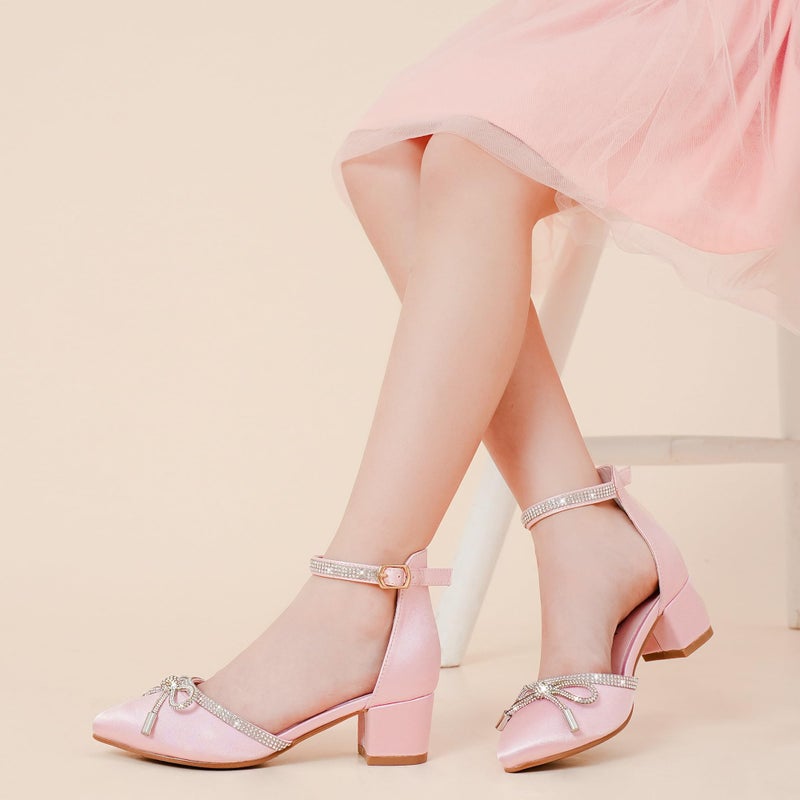 LAURMOSA Girls High Heels Pink Formal Closed Toe Dress Shoes for Big Girls Fancy Dress Up Heels Flower Girl Wedding Party Dance Shoes Size 3 Kids Heeled Shoes(L1019SaPink 3) - Image 2