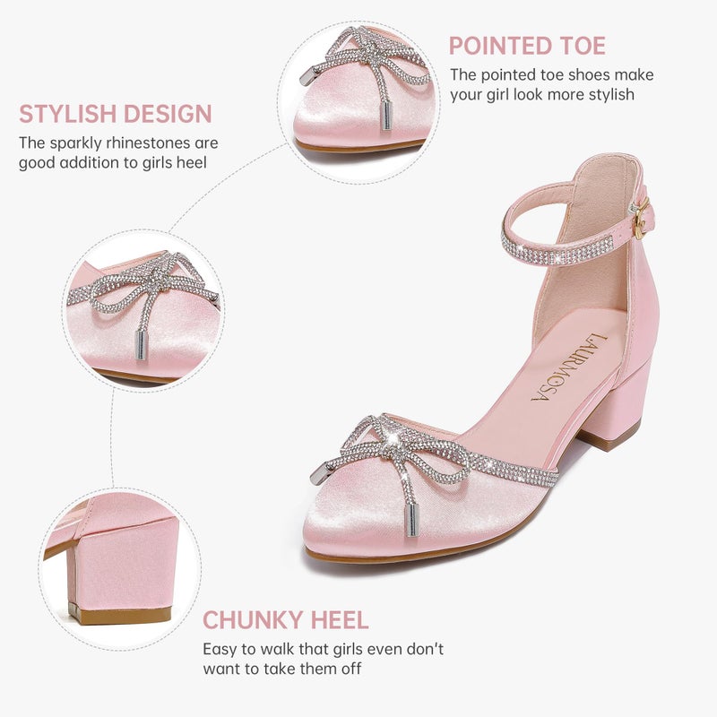 LAURMOSA Girls High Heels Pink Formal Closed Toe Dress Shoes for Big Girls Fancy Dress Up Heels Flower Girl Wedding Party Dance Shoes Size 3 Kids Heeled Shoes(L1019SaPink 3) - Image 4