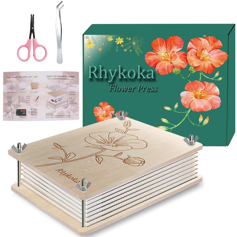 Rhykoka Professional Flower Press, 8 Layers 6.3x8.3 inch (16x21cm) Wooden Flower Press Kit/Flower Pressing for Kids Adults, Great Gift for DIY Flowers Lovers (Wooden) - Image 1