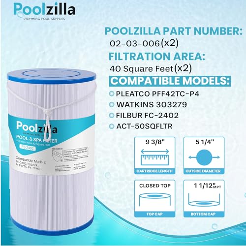 Poolzilla 2-Pack Spa Filter Replacement Cartridge, FC-2402 for Watkins 303279, PFF42TC-P4, 78460, SD-01322 (L x OD: 9 3/8” x 5 1/4”) - Image 2
