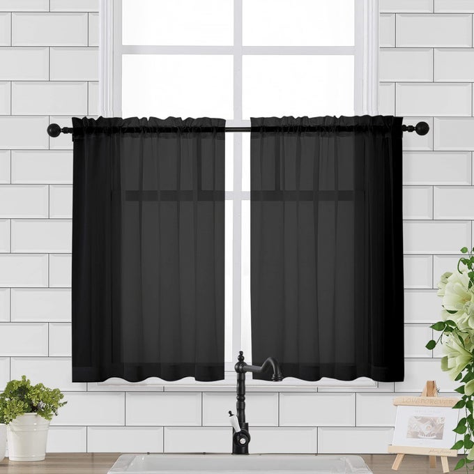 SHEER CURTAINS 36 INCH LENGTH SHORT VOILE SHEER WINDOW CURTIANS FOR SMALL WINDOW BATHROOM CAFE LIVING ROOM FARMHOUSE 2PCS 42W X 36L INCHES ROD POCKET BLACK