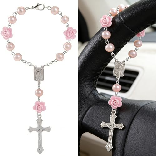 Ohmique Rosary for Car Steering Wheel Rosary Charm with Virgin Mary Steering Wheel Car Accessory for Rearview Mirror Decor Catholic Gifts Hanging Cross Chain Cross Accessories Protection Charm - Image 1