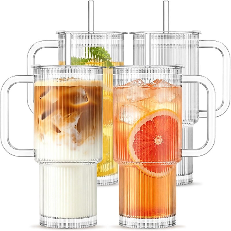 INSETLAN 24oz Ribbed Glass Tumbler with Handle & Lid – 4-Pack Large Iced Coffee Cups with Straws, Modern Glass Mug for Cold & Hot Beverages, Aesthetic Travel Cup for Smoothies, Tea, and Juice - Image 1