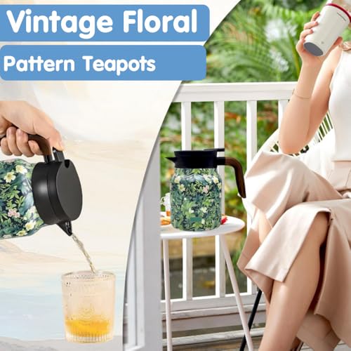TBHAPY Vintage Floral Pattern Tea Pots – Built-in Infuser,Vintage Floral Teapot with Built In Infuser Stainless Steel Thermal Carafe with Lid for Hot Drinks,Green(Wooden handle,35oz) - Image 5