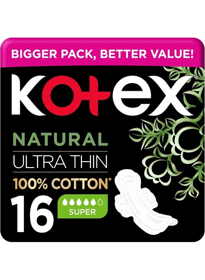 Kotex فوط صحية رقيقة طبيعية، فوط قطنية 100%، فوط صحية بحجم كبير مع أجنحة، 16 فوطة صحية - Image 1