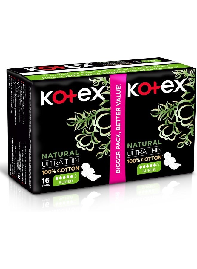 Kotex فوط صحية رقيقة طبيعية، فوط قطنية 100%، فوط صحية بحجم كبير مع أجنحة، 16 فوطة صحية - Image 2