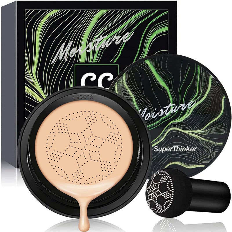 SuperThinker Air Cushion CC Cream Mushroom Head Foundation, BB Cream Face Makeup Foundation for Mature Skin Moisturizing Concealer Brighten Long-Lasting, Even Skin Tone for All Skin Types (Natural) - Image 1