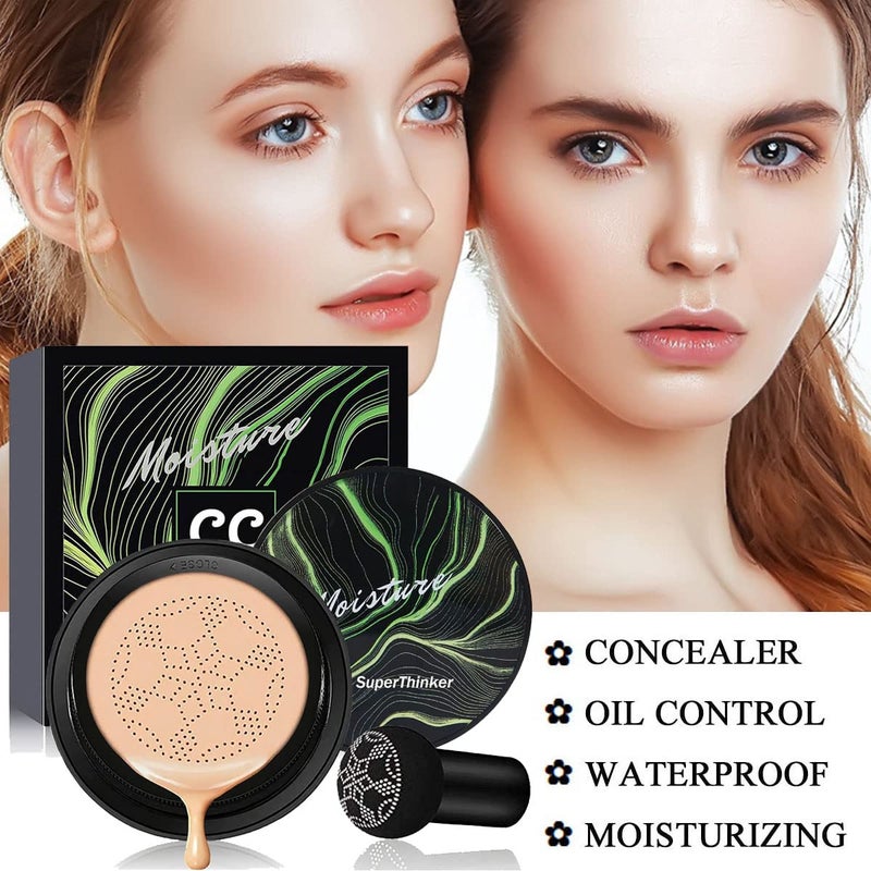 SuperThinker Air Cushion CC Cream Mushroom Head Foundation, BB Cream Face Makeup Foundation for Mature Skin Moisturizing Concealer Brighten Long-Lasting, Even Skin Tone for All Skin Types (Natural) - Image 2