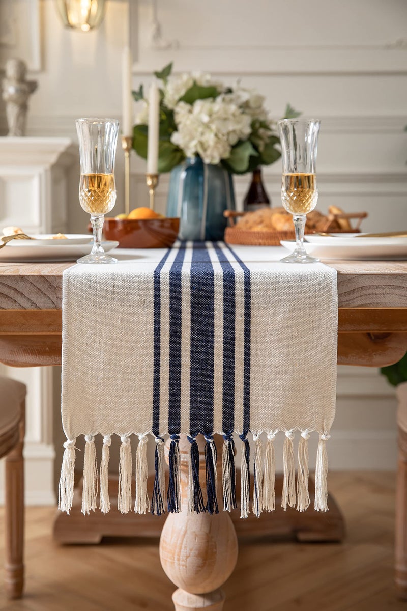 Caflife Boho Table Runner for Modern Farmhouse Decor, Dining Table dÃ©cor 13 x 72 Inch Long with Handcrafted Tassels, Navy Blue and Beige Stripe Table Runner for Home Boho dÃ©cor - Image 2