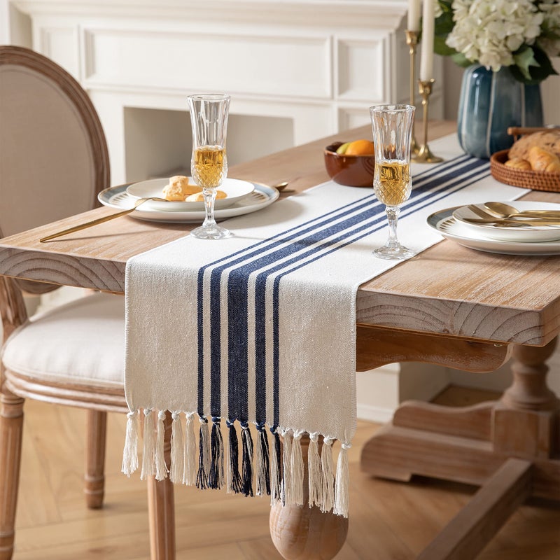 Caflife Boho Table Runner for Modern Farmhouse Decor, Dining Table dÃ©cor 13 x 72 Inch Long with Handcrafted Tassels, Navy Blue and Beige Stripe Table Runner for Home Boho dÃ©cor - Image 3