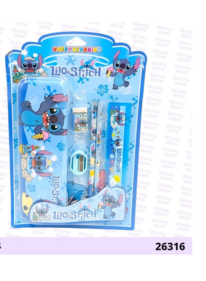ليلو آند ستيتش طقم قرطاسية للأطفال بتصميم ستيتش | يحتوي على علبة أقلام ومسطرة ومبراة وممحاة وأقلام رصاص | أدوات مدرسية متكاملة للاستخدام اليومي