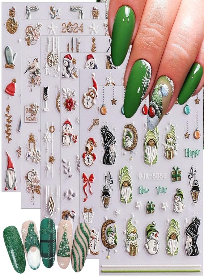 LRKNNO Christmas Nail Art Stickers Decals 5D Embossed Self-Adhesive Nail Art Decals Cute Santa Gnomes Nail Stickers Snowman Xmas Tree Bell Nail Decals for Women New Year Holiday Manicure Decoration 6 Sheets - Image 1