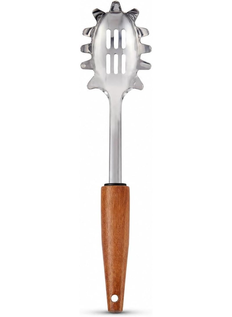 Stainless Steel Spaghetti Server with Wooden Handle – 32cm Pasta Serving Spoon - Image 1