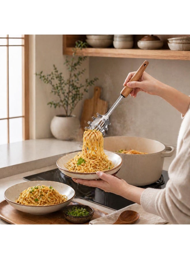 Stainless Steel Spaghetti Server with Wooden Handle – 32cm Pasta Serving Spoon - Image 2