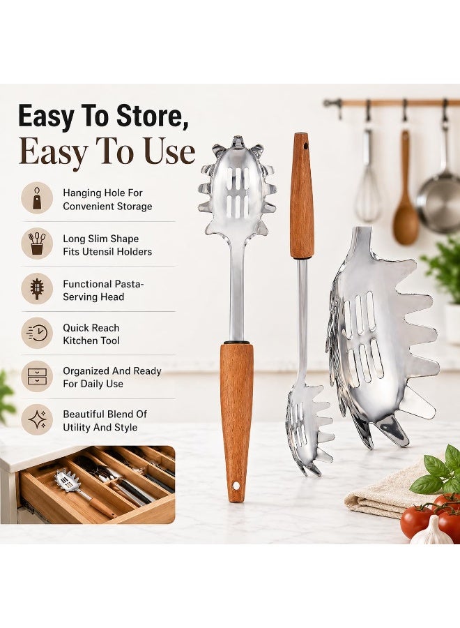 Stainless Steel Spaghetti Server with Wooden Handle – 32cm Pasta Serving Spoon - Image 5