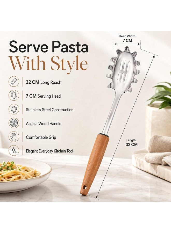 Stainless Steel Spaghetti Server with Wooden Handle – 32cm Pasta Serving Spoon - Image 4