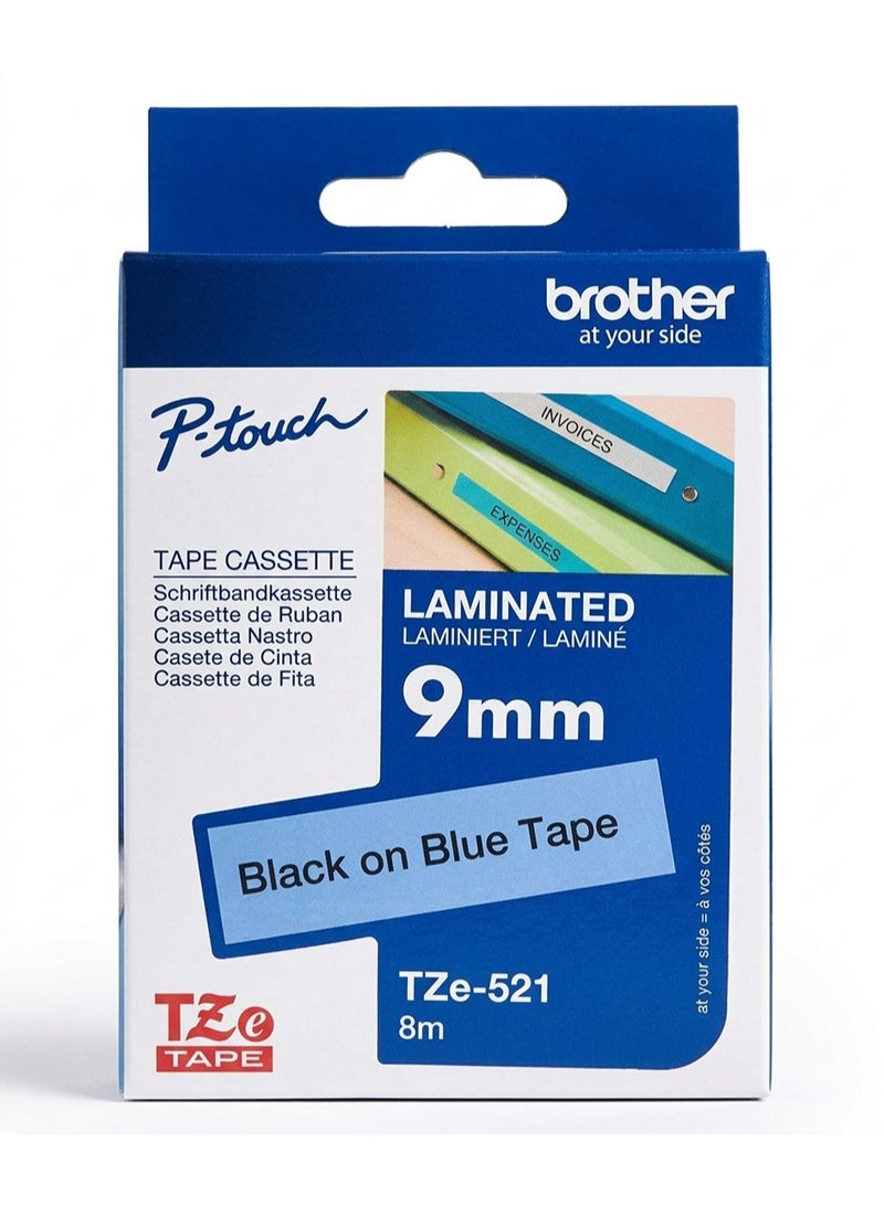 بروذر Labelling Tape Brother TZe-521 9mm Black on Blue Laminated Label Tape - Image 1