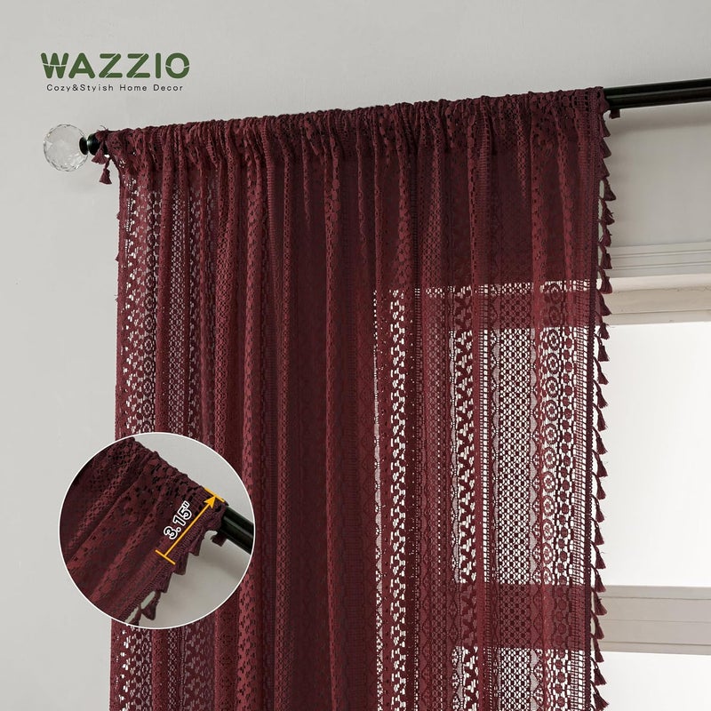 WAZZIO Burgundy Sheer Curtains 84 Inches Long 2 Panel Cotton Blend Crochet Lace Curtain Tassel Rod Pocket Semi Sheer Light Filtering Boho Curtains for Bedroom Living Room Window Drapes Maroon Red - Image 3