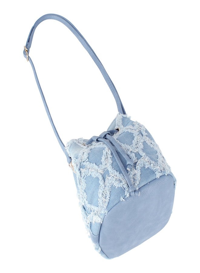 Minache Women Small Quilted Distressed Tassel Denim Jean Drawstring Bucket Crossbody Bag Hobo Shoulder Bag Handbag Purse - Image 3